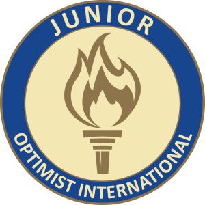 torch on a beige background with a blue circle around it saying Junior Optimist International